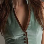 Sage Polyester velvet And Contrast Leather Trim Slim Vest