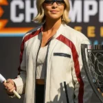 Sydney Sweeney NASCAR Championship White Leather Jacket front