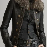 Vintage Black Military Leather Faux Fur Jacket