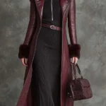Wine Red Eco-Leather Long Coat With Faux Fur Collar