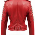 Women Christmas Studs Red Leather Jacket Back