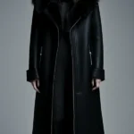 Women Fur Trim Warm Lined Hooded Leather Trench Coat
