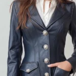 Womens Blue Faux Leather Coat