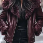 Womens Faux Fur Burgundy Leather Jacket