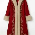 Womens Luxury Embroidered Red Long Winter Coat front