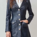 Womens Navy Blue Faux Leather Coat