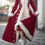 Womens Red Velvet Christmas Coat front