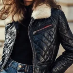 Women's Retro Contrasting Colors Quilted Black Leather Jacket
