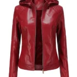 Women's Thick Hooded Warm Red Leather Jacket