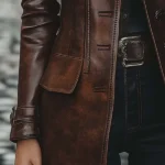Women's Vintage Lapel Button Leather Long Jacket