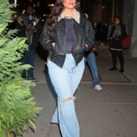 front Ashley Graham Fur Collar Black Bomber Jacket