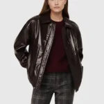 Dark Brown Leather Bomber Jacket