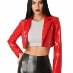 Eandarui Moto Biker Cropped Red Solid Leather Jacket