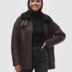 Faux Leather Borg Shearling Midi Aviator Jacket