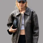 Gigi Hadid Style Brown Leather Jacket front