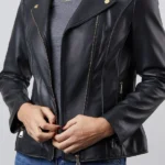 Kylee black Leather Biker Jacket front