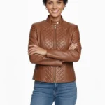 Marlette Quilted Brown Leather Racer Jacket