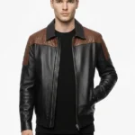 Mens Black Leather Jacket - Brown Quilted Shoulder