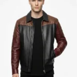 Mens Classic Black Leather Jacket - Maroon Leather Sleeves