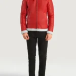Men's Festive Red Shearling Leather Aviator Bomber Jacket