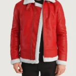 Men's Festive Red Shearling Leather Aviator Jacket
