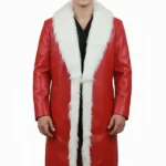 Men's Luxury Red Leather Santa Coat with Faux Fur Trim - Christmas Holiday Long Jacket