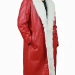 Men's Luxury Red Leather Santa Coat with White Faux Fur Trim - Christmas Long Jacket