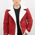 Men's Red Shearling Biker Jacket Faux Fur Lined Winter Coat Christmas Edition