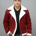 Men's Red Suede Shearling JacketLuxury Aviator Winter Coat