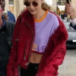 PFW Gigi Hadid Red Leather Jacket front