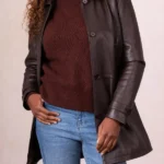 Womens Bilsco Longline Brown Leather Jacket front