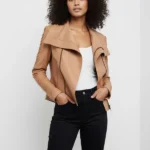 Women's Camel Braided Sleeve Leather Biker Jacket