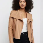 Women's Camel Tan Braided Sleeve Biker Leather Jacket