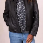 Womens Crosthwaite Collared Black Leather Jacket front