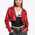 Womens Essential Cropped Leather Moto Red Jacket