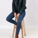 Womens Esthwaite Green Leather Biker Jacket