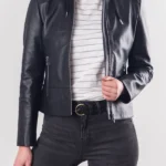 Womens Heversham Hooded Black Leather Jacket front