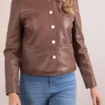 Womens Lindal Button Down Brown Leather Jacket front