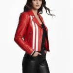Womens Moto Red Genuine Leather Jacket - Strip Style