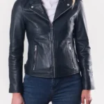 Womens Nateby Centre Zip Navy Leather Biker Jacket front