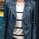 Womens Navy Toni Leather Biker Jacket