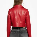 Womens Red Essential Cropped Leather Moto Jacket Back