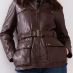Womens Temple Brown Belted Leather Coat front