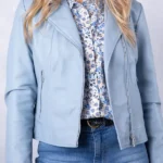Womens Thornhill Sky Blue Leather Biker Jacket front