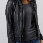 front Abbeytown Hooded Black Leather Jacket