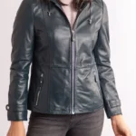 front Womens Ambleville Hooded Leather Jacket