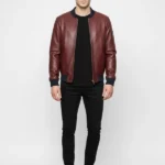mens maroon Bomber leather Jacket