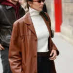 Bella Hadid Oversized Brown Leather Coat