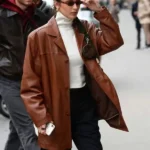 Bella Hadid Oversized Leather Brown Coat