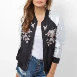 Womens Flower Embroidery Satin Bomber Jacket